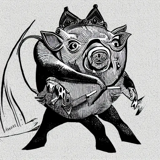 Prompt: pig posing with crown from the Dungeons and Dragons Monster Manual, line art illustration, 1981, high detail