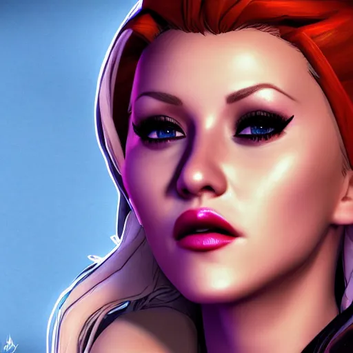 Image similar to christina aguilera portrait, borderlands, tales from the borderlands, the wolf among us, comic, cinematic lighting, studio quality, 8 k