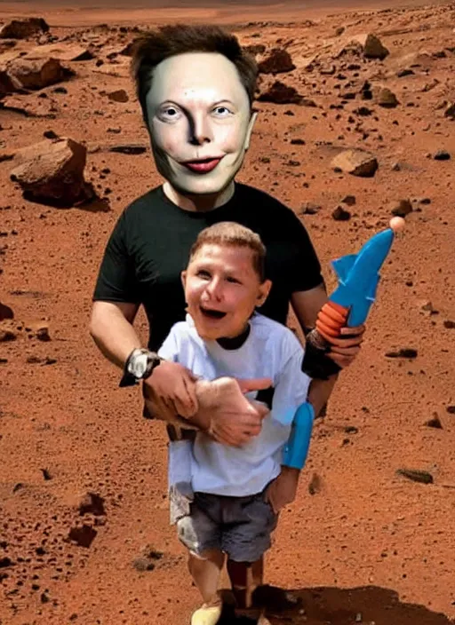 Image similar to big headed child elon mask on mars holding a small toy rocket