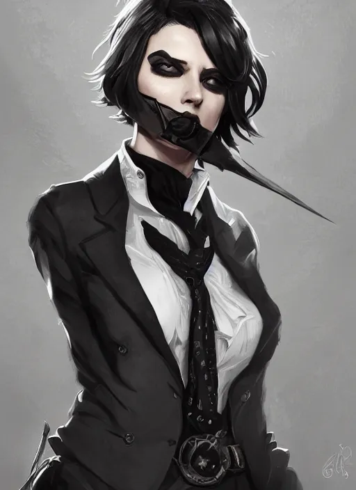 Image similar to a highly detailed illustration of beautiful short black messy haired woman wearing pirate eyepatch and noir style suit and tie, dramatic smiling pose, intricate, elegant, highly detailed, centered, digital painting, artstation, concept art, smooth, sharp focus, league of legends concept art, WLOP