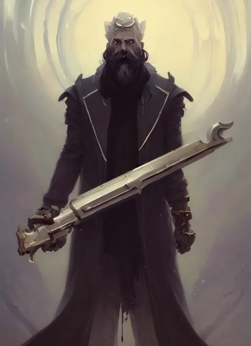 Image similar to full body picture of an legendary weapon master, holding a ego weapons to the camera, long black jacket, neat white beard, bored, smoking, messy ground by so many ego weapons, smoking, intricate, masterpiece, epic fantasy illustrations by peter mohrbacher and anato finnstark and jeremy lipking