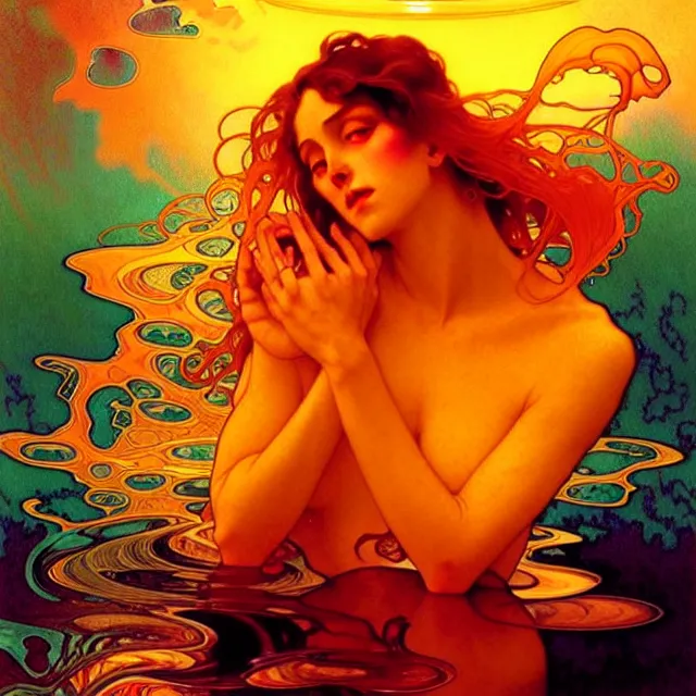 Image similar to transcendent mind bending indigo waves of glossy psychedelic liquid honey flowing like kaleidoscopic translucent amber, lsd waves, honey ripples, dramatic professional sunset, refracted lighting, art by collier, albert aublet, krenz cushart, artem demura, alphonse mucha