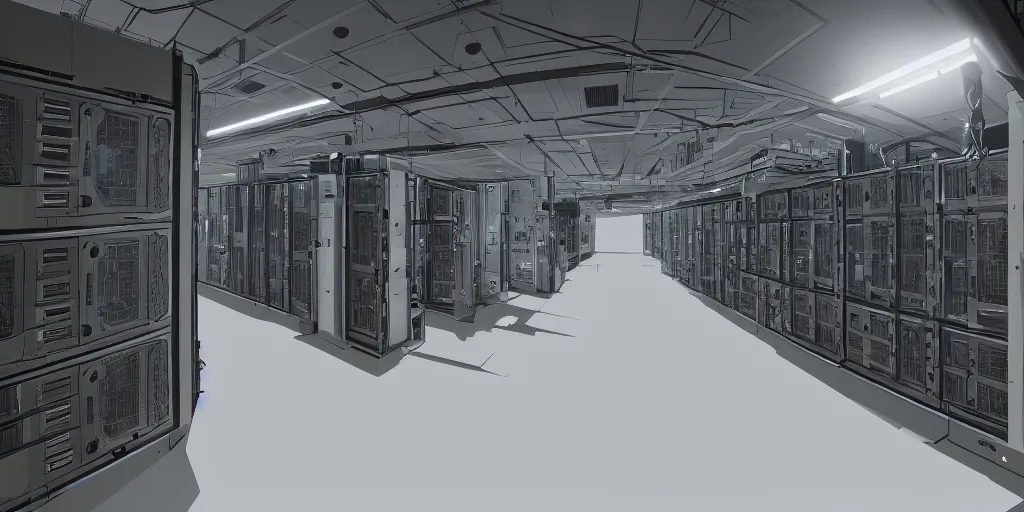 Prompt: parallax datacenter server room white rusty android robosaurus automaton in artstation