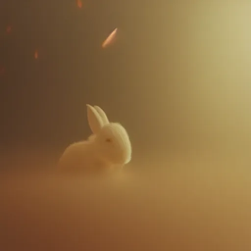 Image similar to “white bunny with black spots on face, staring at you in hell fog, raining fire, volumetric lighting, golden hour, sharp focus, ultra detailed”