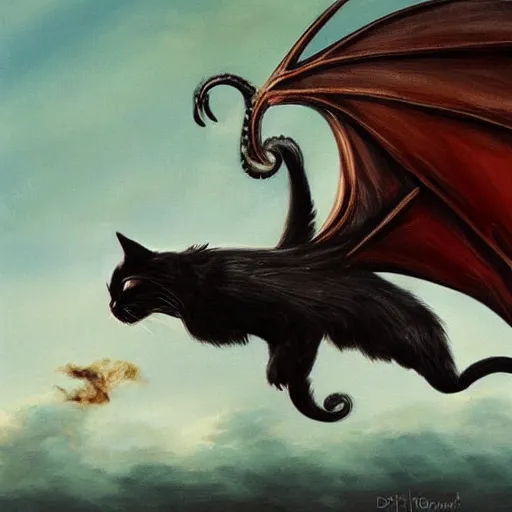 Image similar to “ a black cat flying on the back of a dragon from game of thrones, very detailed, oil painting, award winning ”