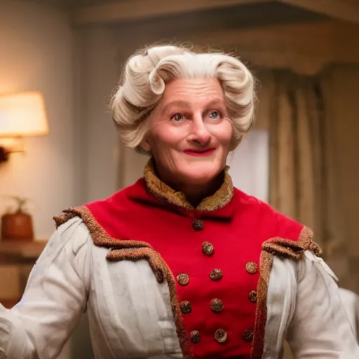 Prompt: A movie still of Captain Simcoe (Turn) as Mrs Doubtfire, dynamic lighting, smiling, 8k, 2022 picture of the year