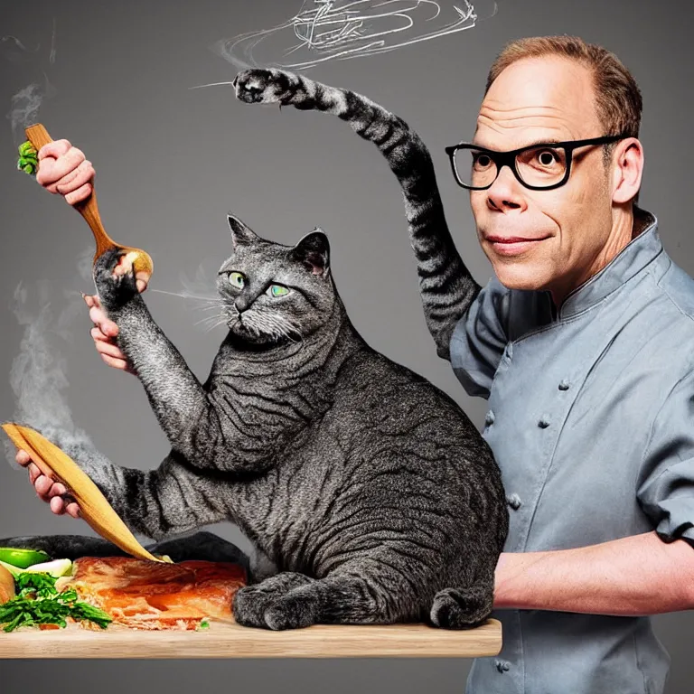 Image similar to “chef Alton Brown and a grey cat cooking a whole fish on iron chef, digital art, hyperdetailed, 8k”