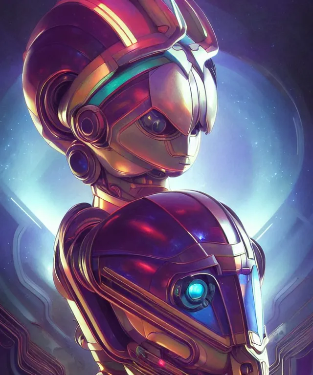 Image similar to futuristic synthwave megaman X portrait, sci-fi steampunk, fantasy, intricate, elegant, highly detailed, digital painting, artstation, concept art, smooth, sharp focus, illustration, art by artgerm and greg rutkowski and alphonse mucha