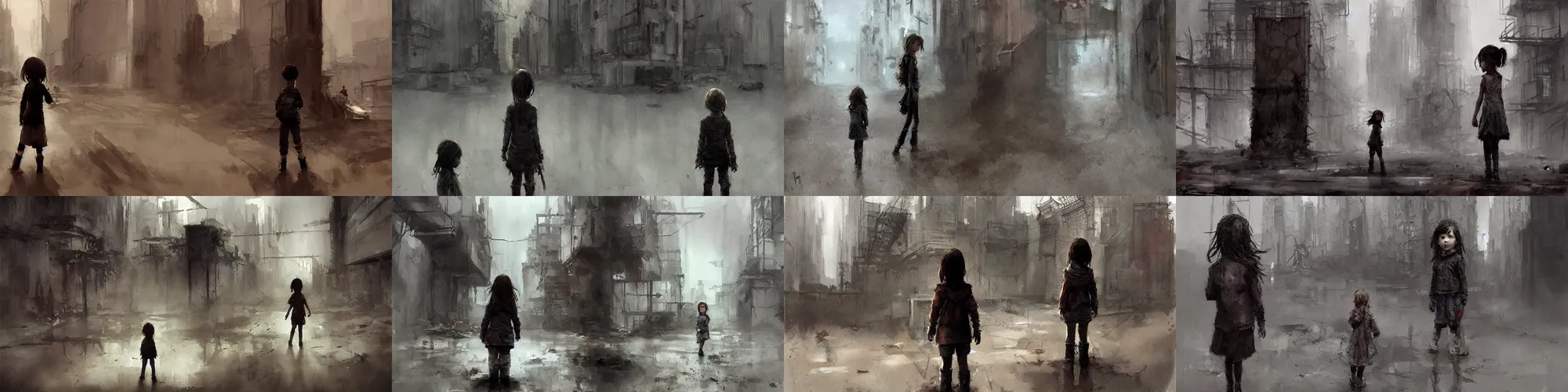 Prompt: a little girl standing alone in a post - apocalyptic city, concept art by craig davison