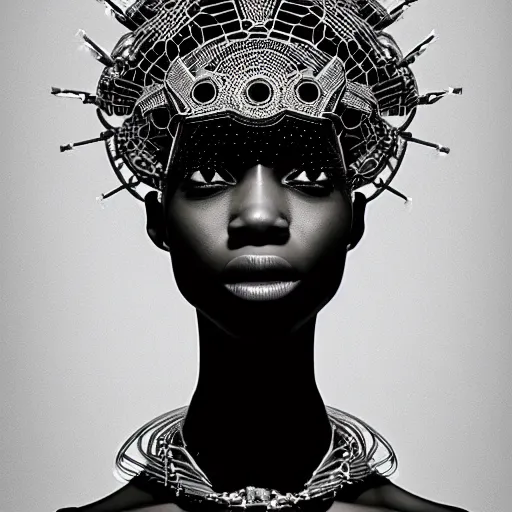 Prompt: portrait of an absurdly beautiful, graceful, sophisticated, fashionable african cyberpunk mechanoid gravure idol, ultrafine hyperdetailed illustration by irakli nadar, matt wisniewski style, marvel comics, intricate linework, ebony skin, neon jellyfish headdress, ivory carved ruff, unreal engine 5 highly rendered, global illumination, radiant light, detailed and intricate environment