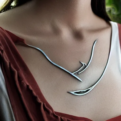 Image similar to amulet of wave inlaid in silver on a young beautiful woman neck, realistic,