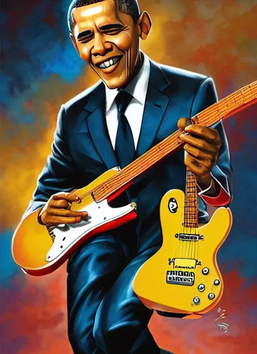 Image similar to Barack Obama shredding on an electric guitar in the style of Jason Edmiston