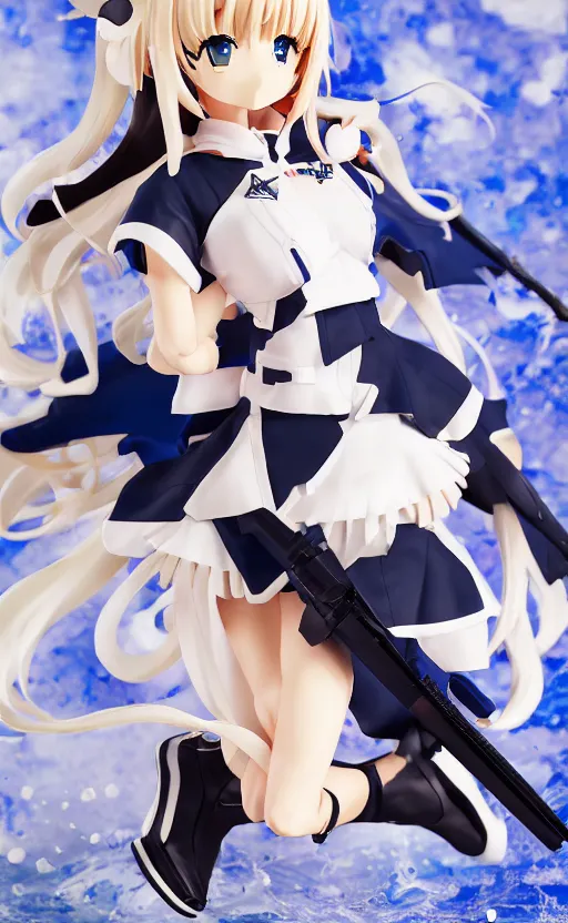 Image similar to azur lane official merchandise, featuring enterprise, toy photo, realistic face, water splash effect, portrait of the action figure of a tan girl, realistic character anatomy, 3d printed, plastic and fabric, figma by good smile company, collection product, desert background, navy flags, 70mm lens, hard surfaces, photo taken by professional photographer, trending on Twitter, symbology, 4k resolution, low saturation, realistic military gear