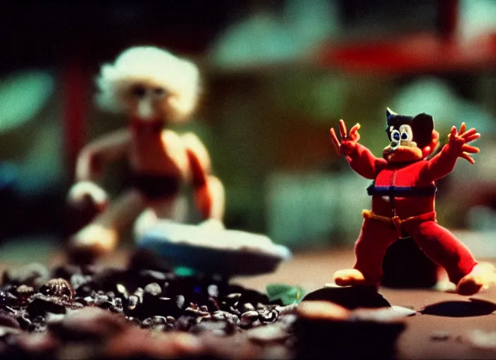 Image similar to 1 9 8 0 s cinematic screenshot cinestill portrait of a stop motion claymation film about a wacky adventure starring wolverine, shallow depth of field, 1 8 mm, f 1. 8