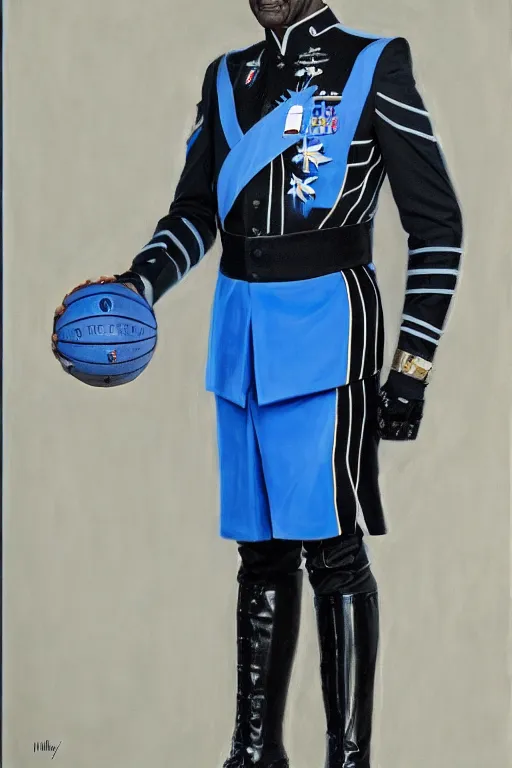 Image similar to full body portrait of the dictator of the orlando magic, 2 0 4 5, in full military garb, magic blue, silver, and black, oil on canvas by william sidney mount, trending on artstation, futuristic