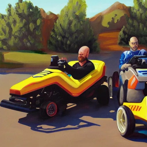 Image similar to painting of Walter White and Jesse Pinkman go-karting, oil on canvas, trending on artstation