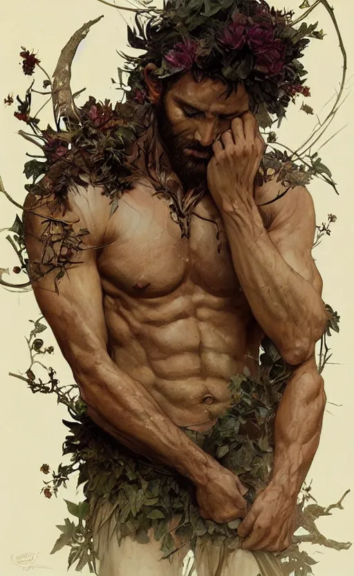 Image similar to god of the forest, 3 0 years old, rugged, handsome, male, detailed face, clean lines, atmospheric lighting, amazing, full body, thighs, flowers, muscular, intricate, highly detailed, digital painting, deviantart, concept art, sharp focus, illustration, art by greg rutkowski and alphonse mucha