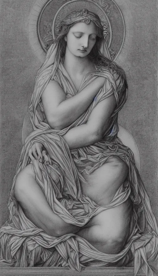 Prompt: the empress by evelyn de morgan, black and white graphite drawing, fertility, nature, sitting in a stone throne