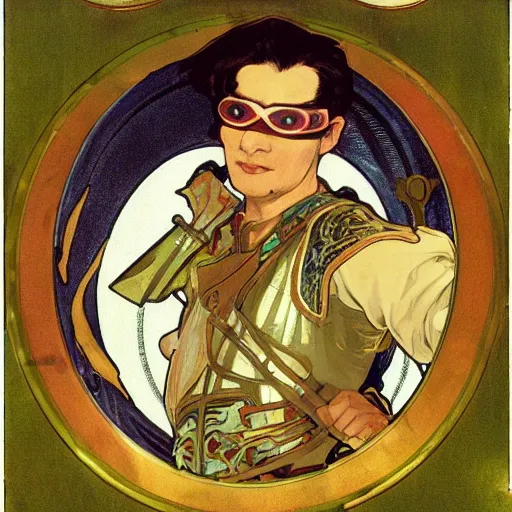 Image similar to portrait : : clearly visible face : : : swashbuckling albino rogue wearing ss uniform leather armor with hand on hilt : : tang dynasty sword with blowtorch flame for blade : : goggles pushed up on forehead : : concept art by rutkowski and alphonse mucha and barlowe