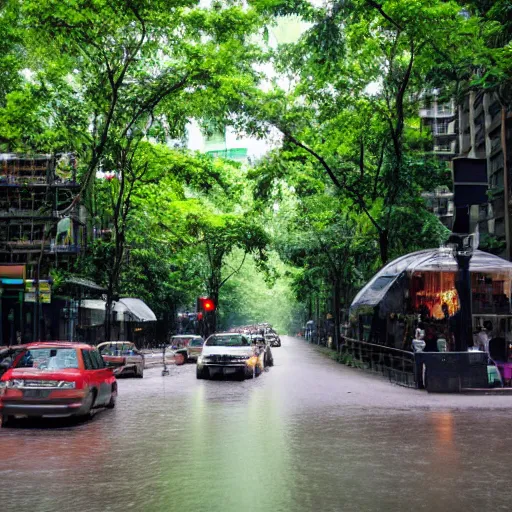 Prompt: Manhattan NYC in the middle of the lush green Amazon rainforest after a torrential downpour