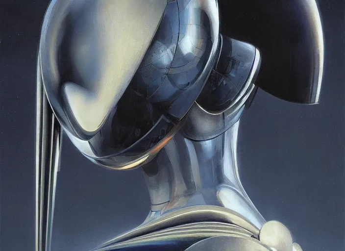 Image similar to a portrait headshot of sci fi metallic human, bright eyes, melancholic complex geometric figure liminal machinery by oskar schlemmer, moebius, john berkey, oil on canvas, portrait facial head, featured on artstation, hd wallpaper