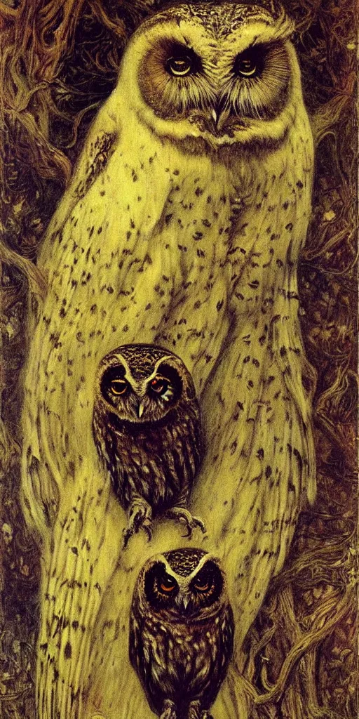 Prompt: a painting of singular owl of nightmares by gustav moreau, jean delville and  Gaston Bussiere
