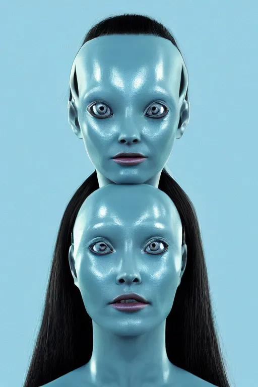 Prompt: beautiful studio portrait of an elegant blue alien woman with insect eyes, wearing an outfit made from plutonium, silicone skin, symmetrical face, piercings resembling plasma jets, by luc besson and denis villeneuve, the 5 th element, hyperrealism, cinematrographic, sharp details, 3 5 mm, f / 2 4, masterpiece, artstation