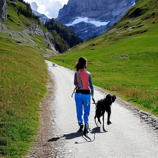 Image similar to a woman walking her dog in switzerland, artistic, detailed, high resolution,