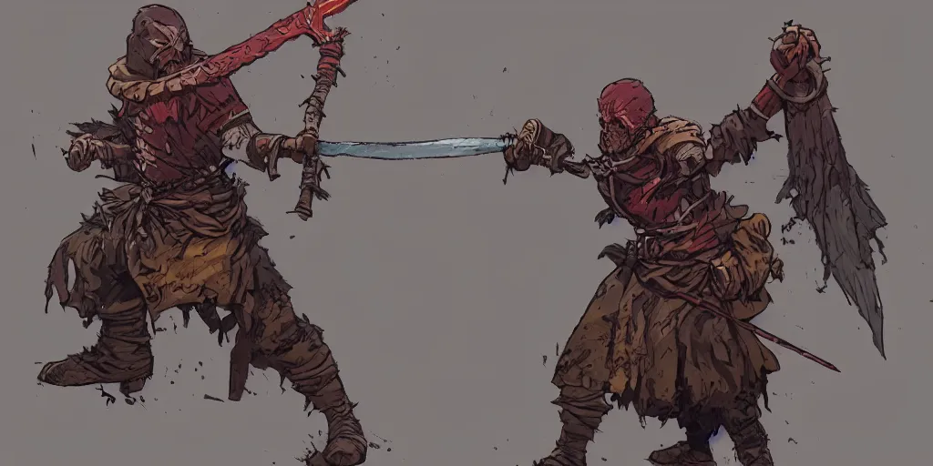 Image similar to warrior character design, idle, colored, sword, sprite, darkest dungeon, pc game, sideview, art by moebius and greg rutkowski.