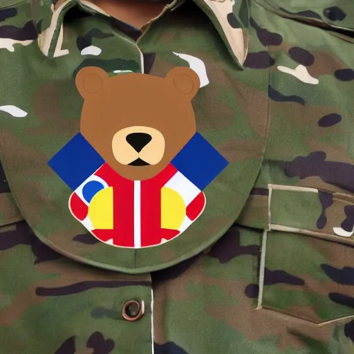 Image similar to bear animal, with army commander clothes, Russian flag,