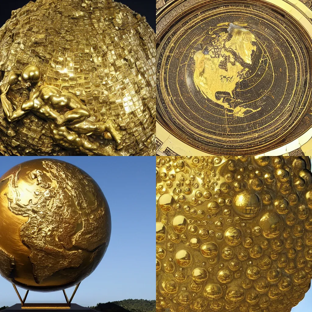 Prompt: massive and highly accurate statue of the earth made of gold, high detail, complex