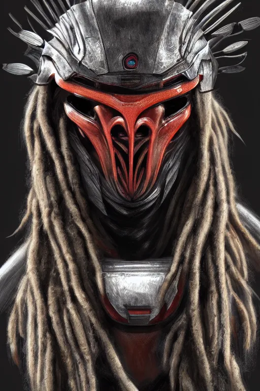 Image similar to predator 1 9 8 7 film mask redesign, portrait, highly detailed, dreadlocks, mandables, digital painting, trending on artstation, concept art, illustration