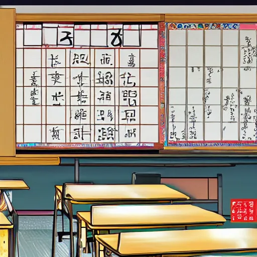 Prompt: a japanese high school classroom, artstation, deviantart, highly detailed, whiteboard, kanji, picturesque, visual novel, calming