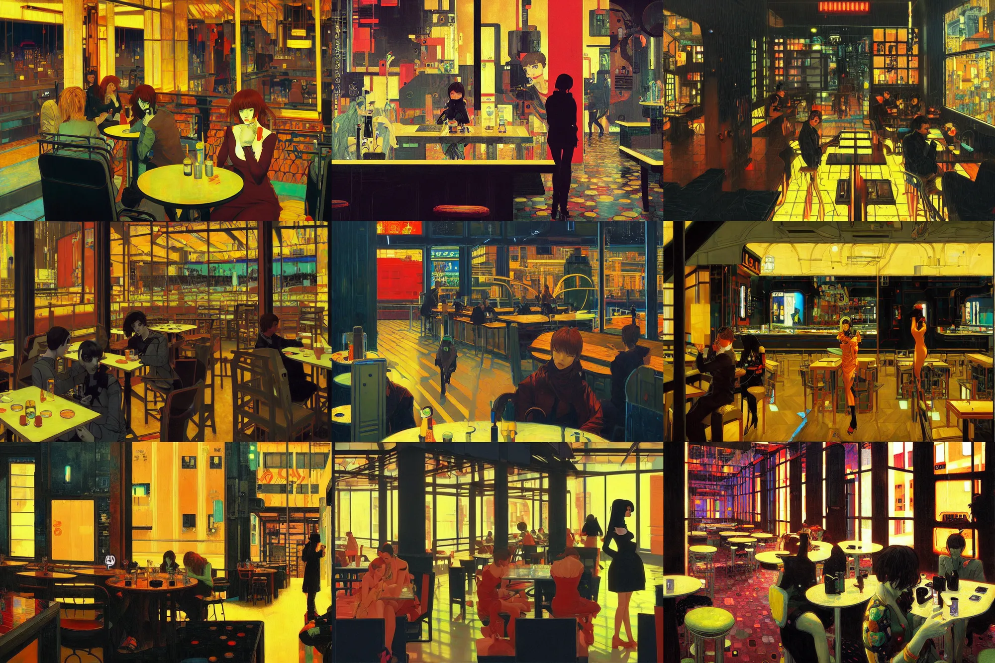 Image similar to A cyberpunk cafe painted by Ilya Kuvshinov and Gustav Klimt and Edward Hopper