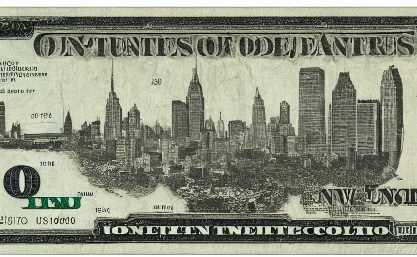 Image similar to rectangular photograph of two hundred dollar u. s. currency note featuring new york city skyline