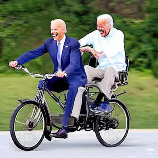 Image similar to joe biden and gandhi drunkenly riding two seater bike together, laughing and joking, photorealistic, detailed