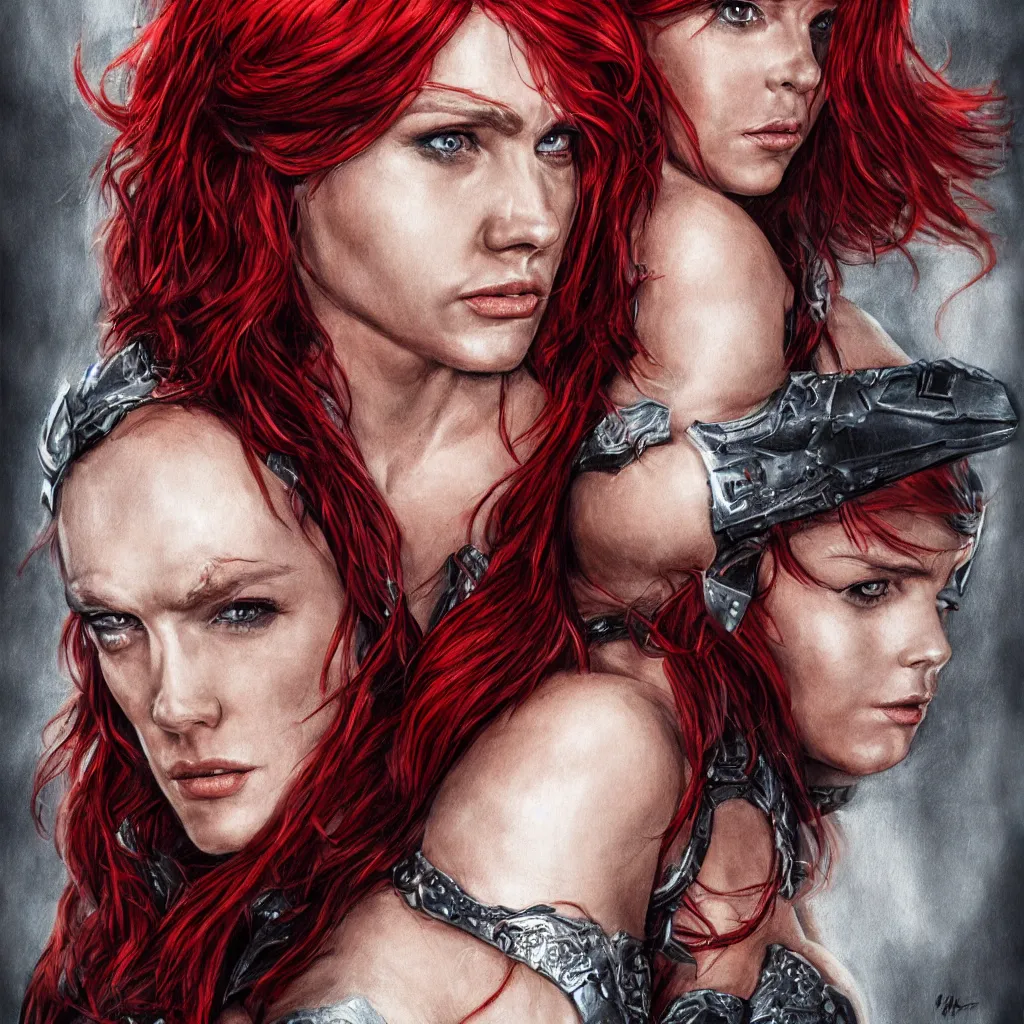 Prompt: hyper realistic photo of red sonja portrait, cinematic