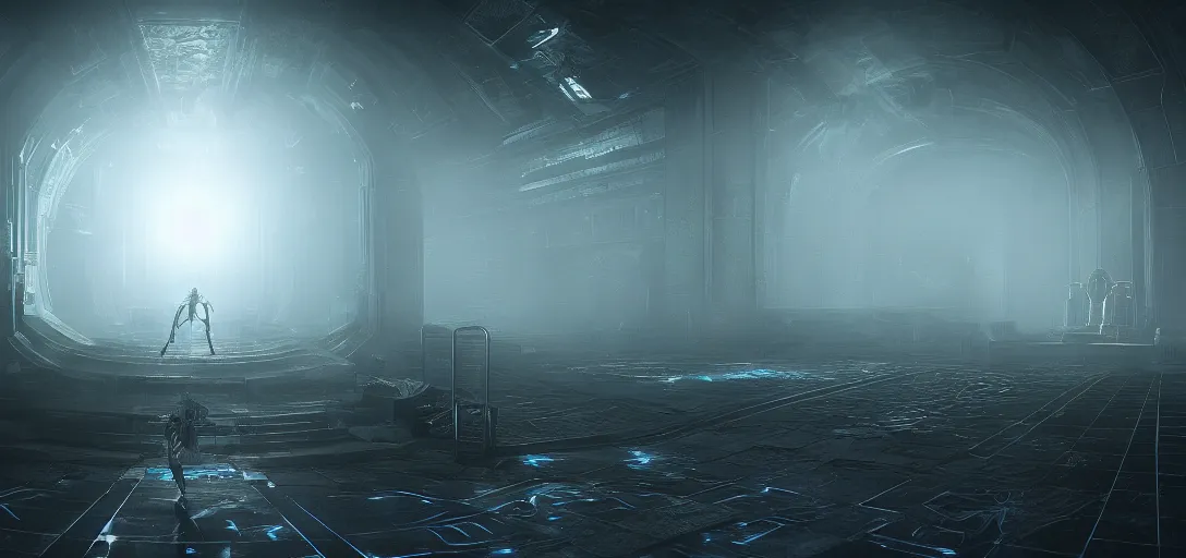 Image similar to scifi necromancer in a cyber tech mausoleum, unreal engine, octane render, realistic, cinematic post process and mist foggy, dramatic lighting, 4k detailed