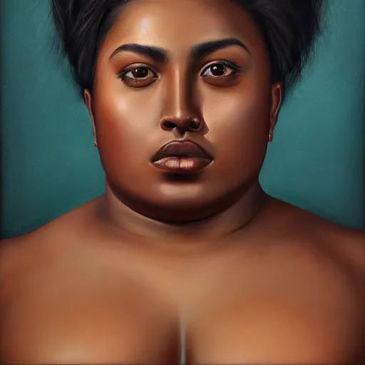 Image similar to A portrait of a strong and thick attractive non-binary person, dark tone skin, Mexican, oil painting, majestic, detailed, high resolution