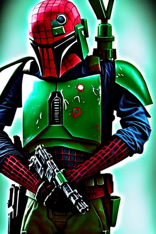 Prompt: boba fett spiderman character mashup, digital art, movie still from the matrix, insane detail