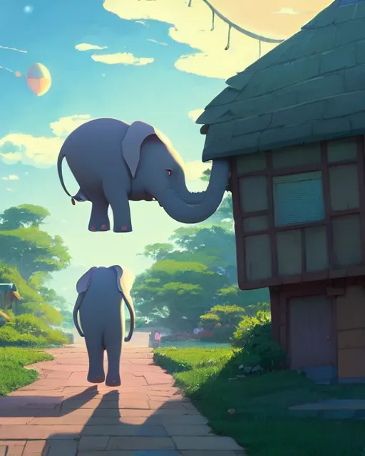 Image similar to an elephant with a house on his back walking though the streets of a beautiful town, cory loftis, james gilleard, atey ghailan, makoto shinkai, goro fujita, studio ghibli, rim light, exquisite lighting, clear focus, very coherent, plain background, soft painting