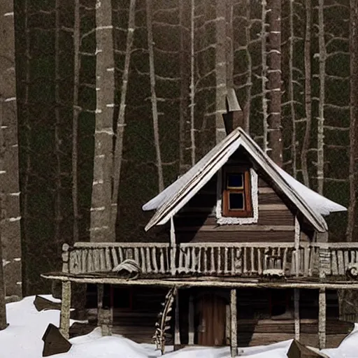 Image similar to a Eerie cabin in the middle of the woods in the style of claymation