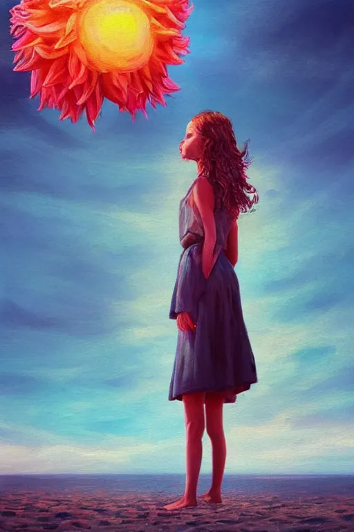 Image similar to closeup huge dahlia flower head, girl standing on beach, surreal photography, blue sky, sunrise, dramatic light, impressionist painting, digital painting, artstation, simon stalenhag