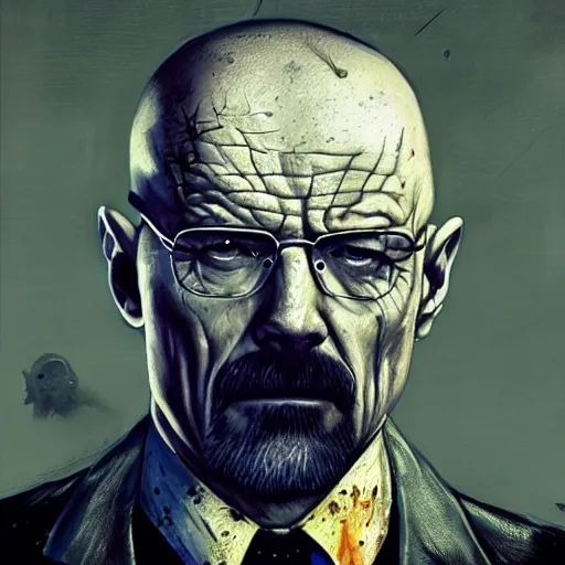 Prompt: Walter White as a zombie, trending on artstation, ultra detailed, 8k, character illustration by Greg Rutkowski, Thomas Kinkade.