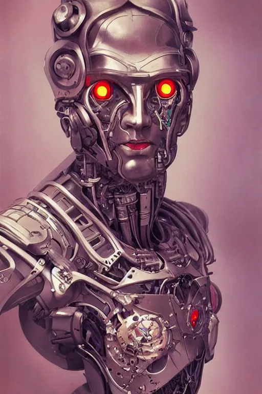 Prompt: futurist half human half robot soldier, art by leyendecker, head and shoulders portrait, blood, cyberpunk, cybernetic implants, warrior face paint, flower ornament in the background, very intricate, award winning, extreme details