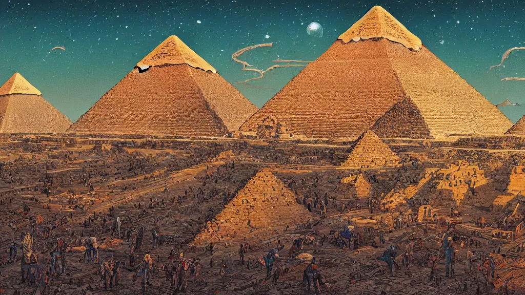 Image similar to highly detailed illustration the pyramids of giza by moebius, nico delort, oliver vernon, kilian eng, joseph moncada, damon soule, manabu ikeda, kyle hotz, dan mumford, otomo, 4 k resolution