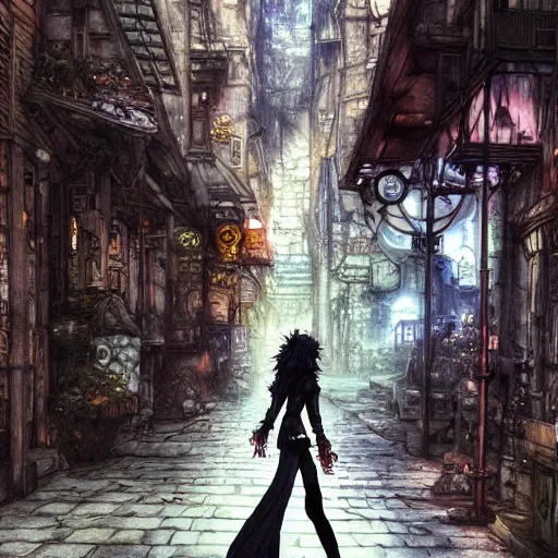 Image similar to goth woman walking on the street, color page, tankoban, 4 k, tone mapping, akihiko yoshida, james jean andrei riabovitchev marc simonetti, yoshitaka amano, long hair, curly, h. hydrochaeri