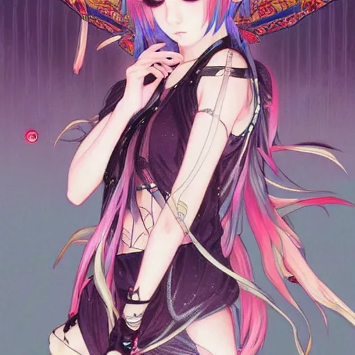 Image similar to emo japanesque electric girl gumi, anime style, hyper detailed, illustration, digital painting, art by artgerm and greg rutkowski and alphonse mucha, high delicate defined details, anime stylized, highly detailed, realistic, sharp focus, styled by rhads