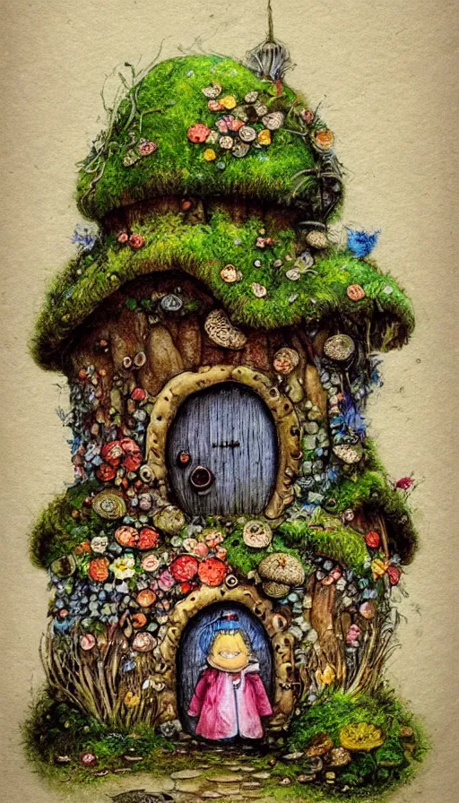 Image similar to extra beautiful colorful whimsical storybook style full page antique ornate lithograph of moss, fungus, mushroom and flower covered knome hobbit giant mushroom cozy home with door and windows by Jean-Baptiste Monge, post processing, painterly, book illustration watercolor granular splatter dripping paper texture. Trending on artstation, post processing, pen and ink work. sharp focus.