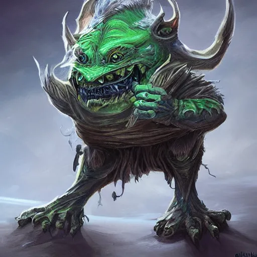 Image similar to a highly detailed goblin with grey skin and blue eyes that glow, made of wind, like magic the gathering, goblin chainwalker, digital art, by christopher rush